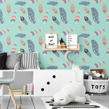 Load image into Gallery viewer, Colorful Boho Feathers Blue Peel & Stick Wallpaper N07026