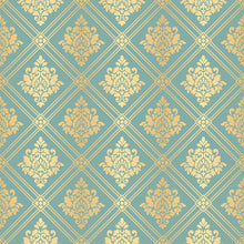 Load image into Gallery viewer, Damask Golden and Blue Peel & Stick Wallpaper N08108
