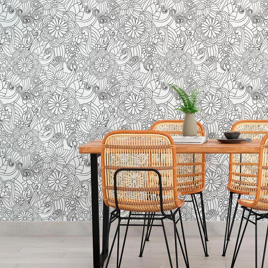 Floral White and Black Peel & Stick Wallpaper N010118