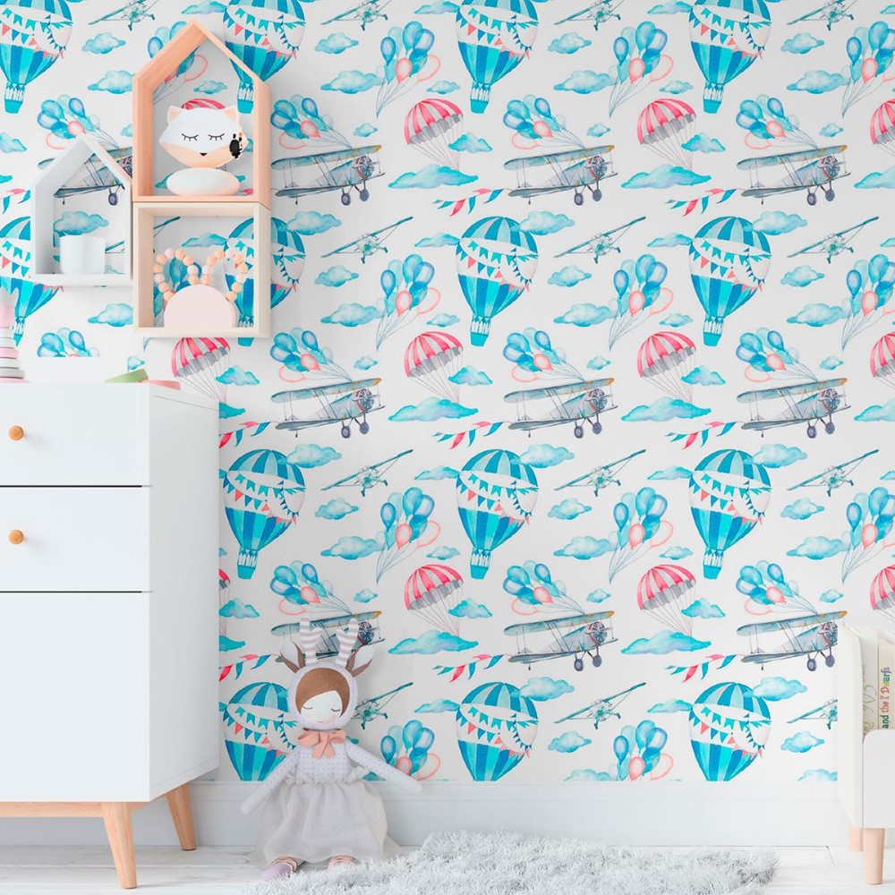 Childlike Airplanes and Balloons Peel & Stick Wallpaper N011098