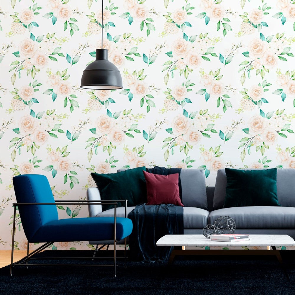 Floral White Roses Peel & Stick Wallpaper N012045