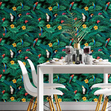 Load image into Gallery viewer, Tropical Leaves and Araras Peel &amp; Stick Wallpaper N014191
