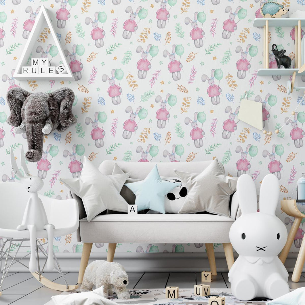 Bunnies with Ballons Peel & Stick Wallpaper N04051