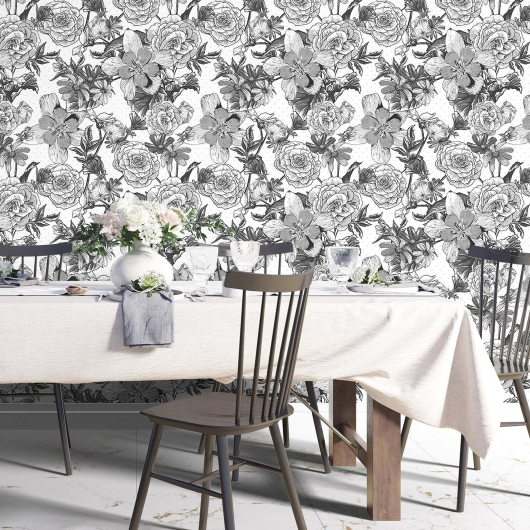 Black and White Flowers Peel & Stick Wallpaper N04089