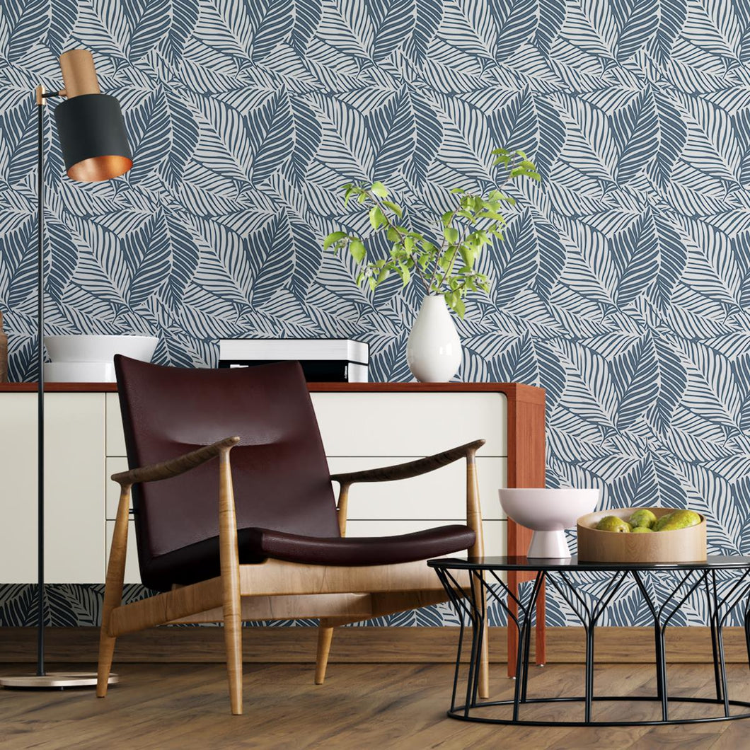 Leaves Blue White Peel & Stick Wallpaper N04105