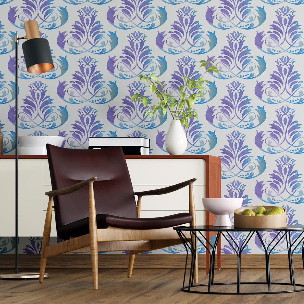 Floral Damask Purple and Blue Peel & Stick Wallpaper N04116