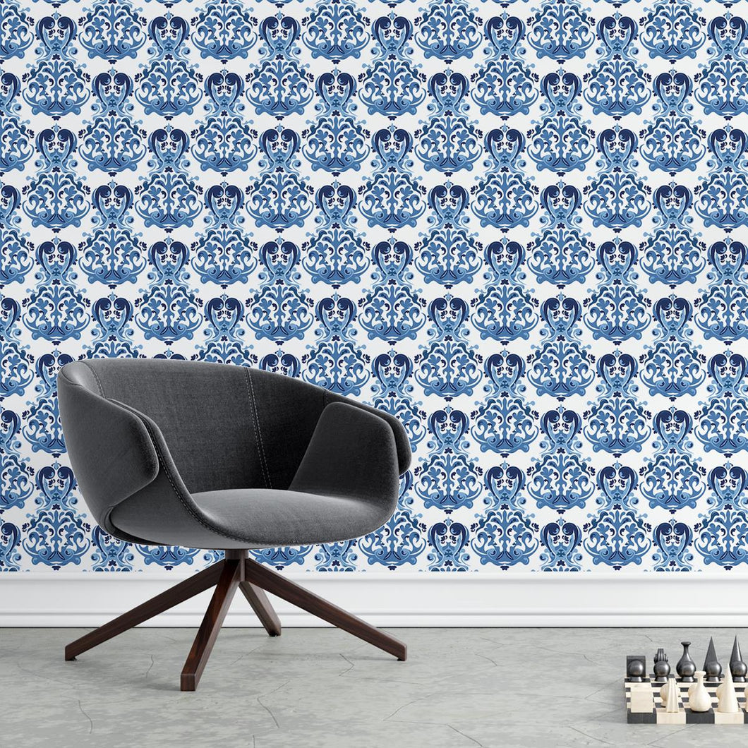 Damask Blue Peel & Stick Wallpaper N04133