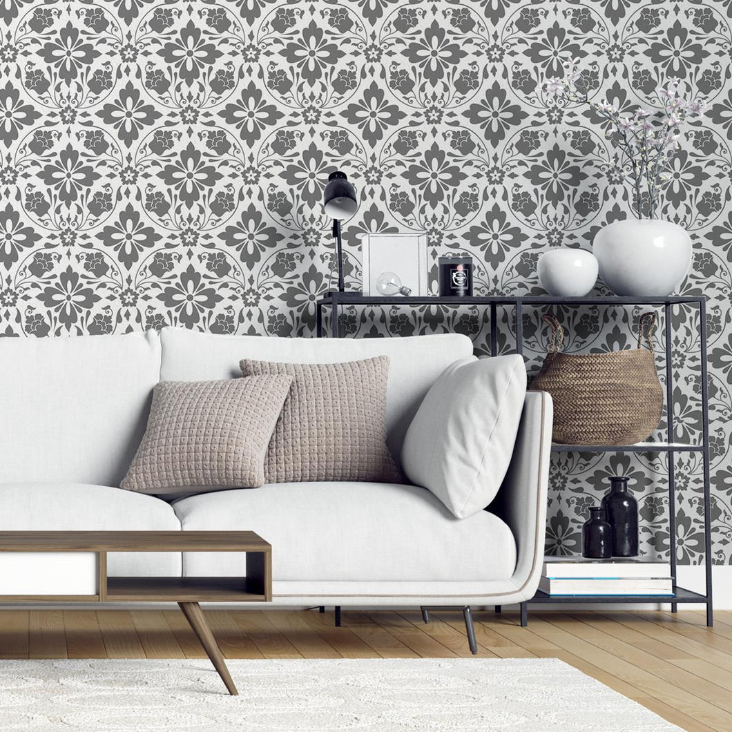 Damask Gray Flowers Peel & Stick Wallpaper N04152