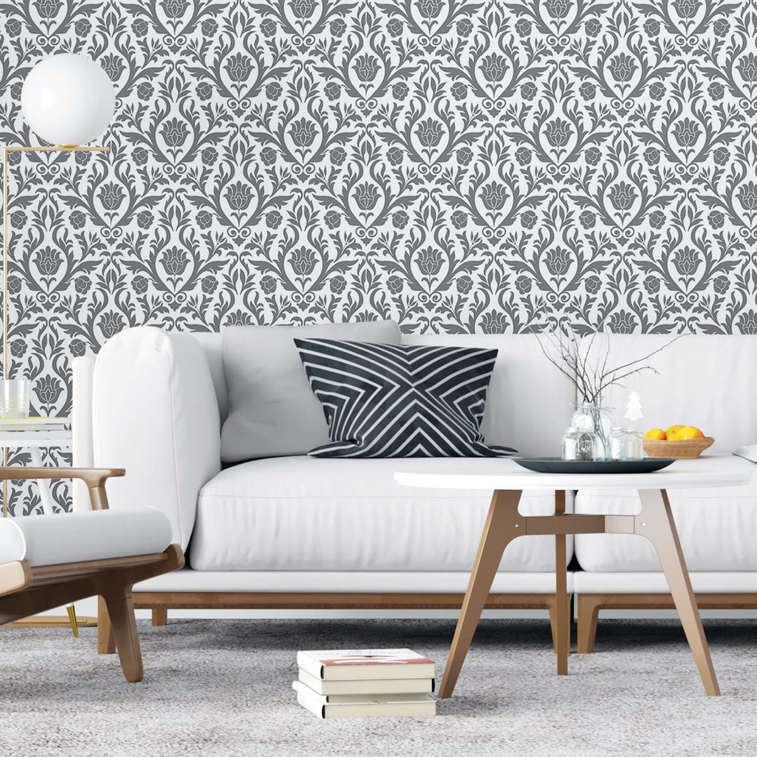 Damask Gray Leaves and Flowers Peel & Stick Wallpaper N04153