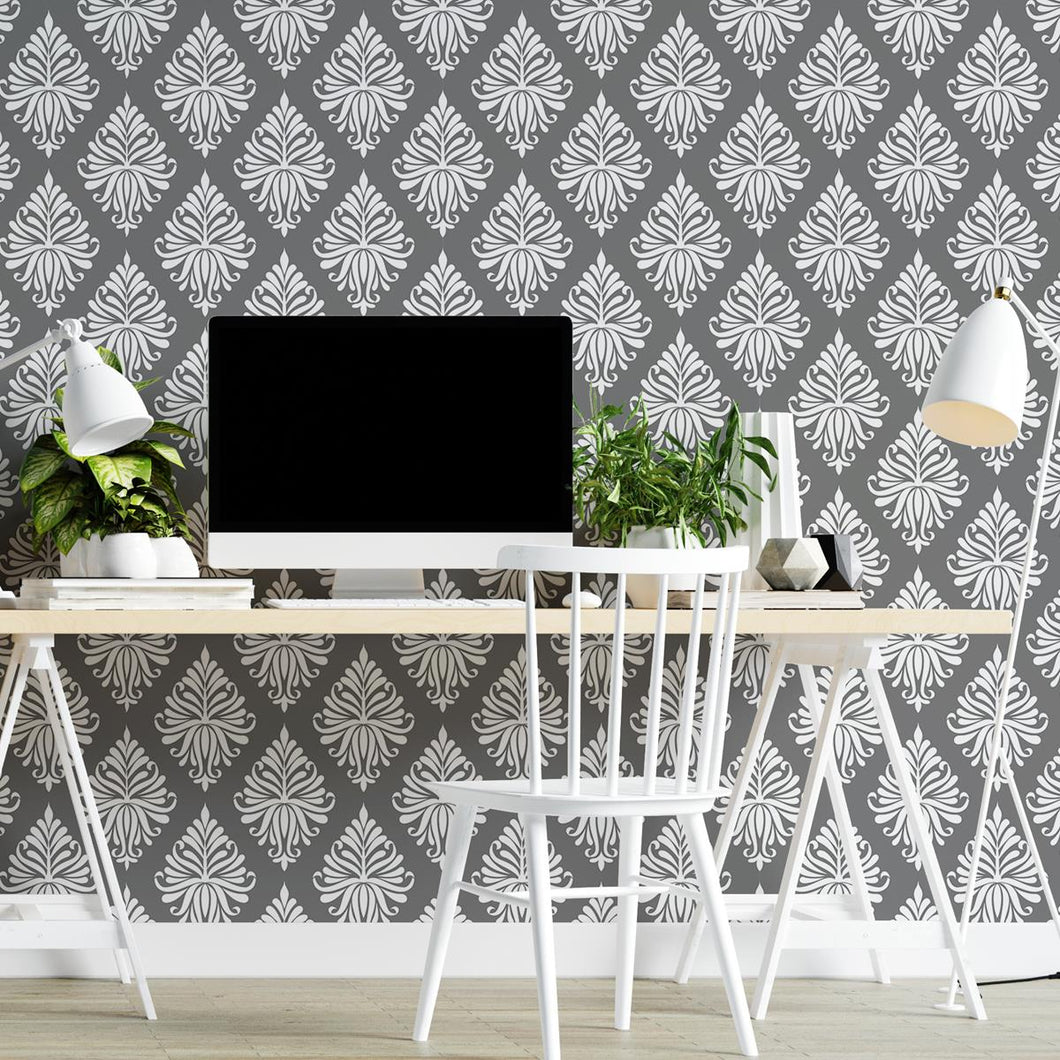 Damask Grey Leaves Peel & Stick Wallpaper N04156