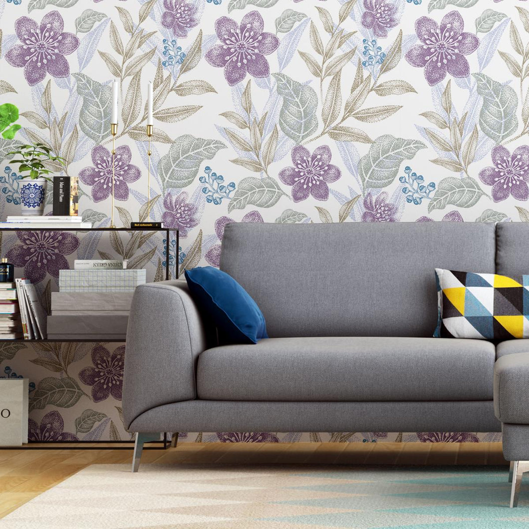 Leaves & Flowers Lilac Peel & Stick Wallpaper N04180