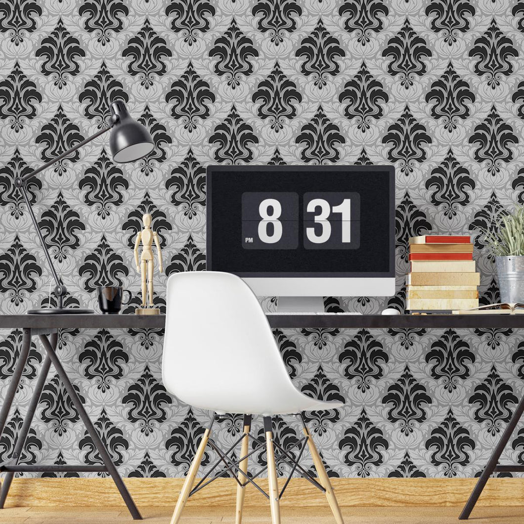 Damask Grey Black Peel & Stick Wallpaper N04256