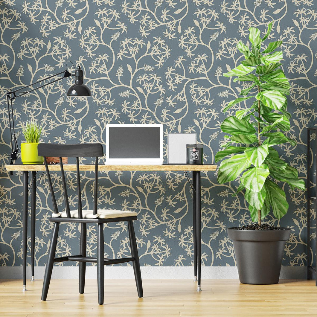 Floral Minimalist Blue and Beige Peel & Stick Wallpaper N04278