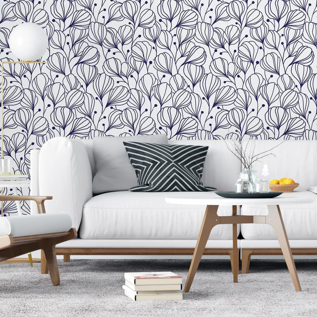 Floral White and Blue Peel & Stick Wallpaper N04295