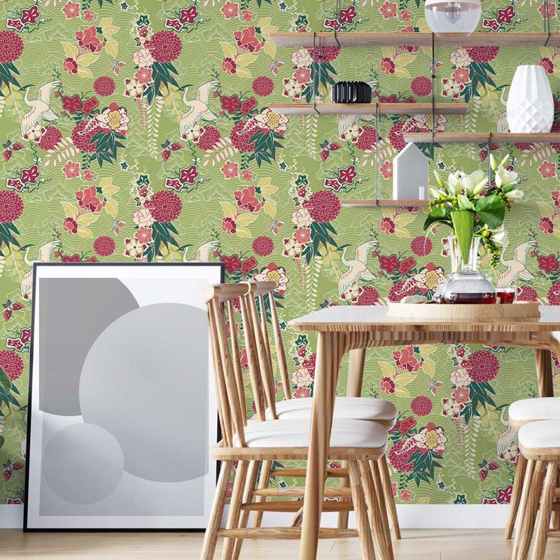 Egret and Flowers Japanese Peel & Stick Wallpaper N05091