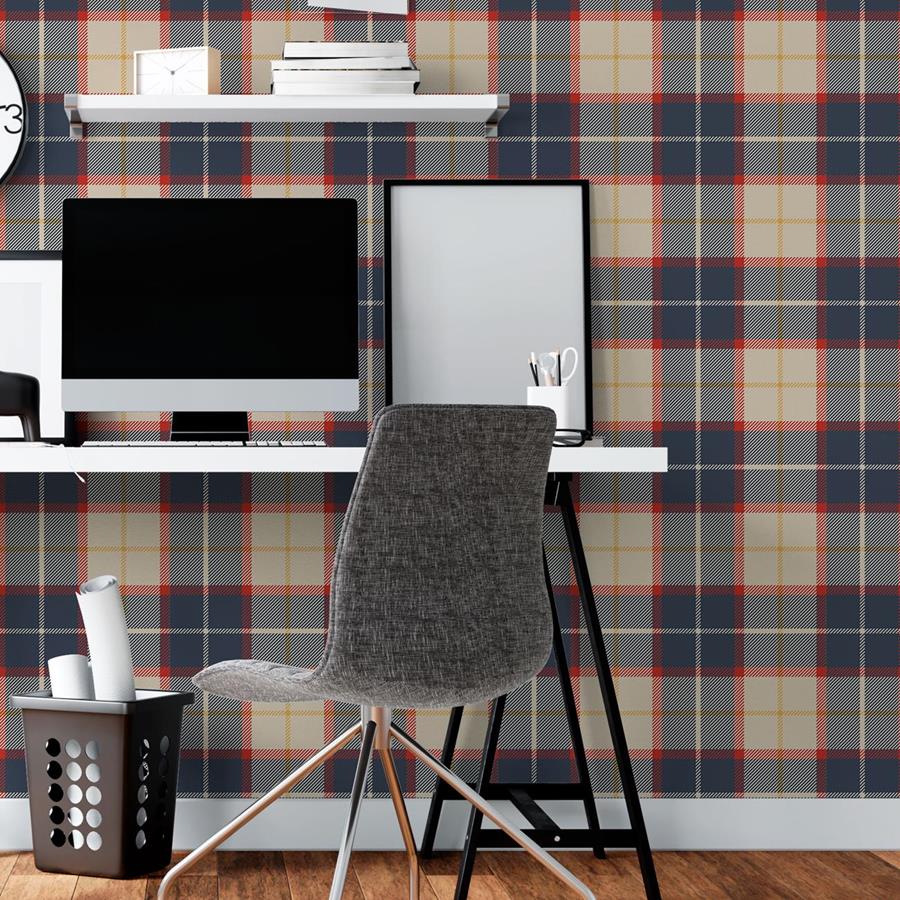 Beige Red and Blue Plaid Peel & Stick Wallpaper N06037