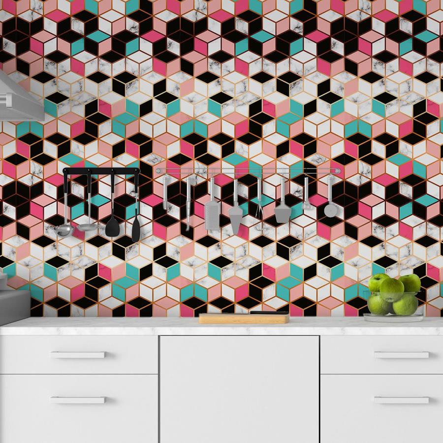 Graphic Pink Cubes Marble Peel & Stick Wallpaper N06056
