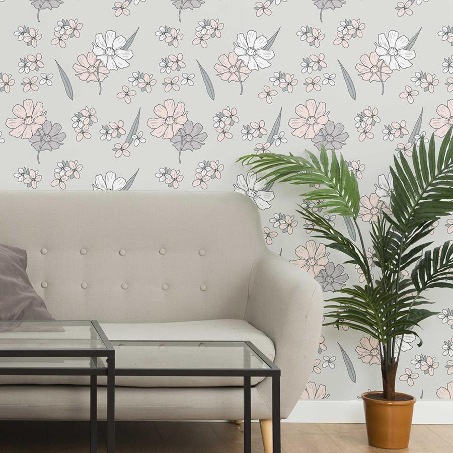 Gray and Pink Wildflowers Peel & Stick Wallpaper N06156