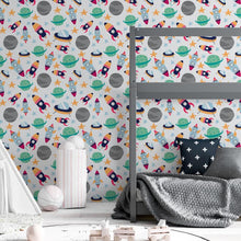 Load image into Gallery viewer, Colorful Rockets and Planets Peel &amp; Stick Wallpaper N06212
