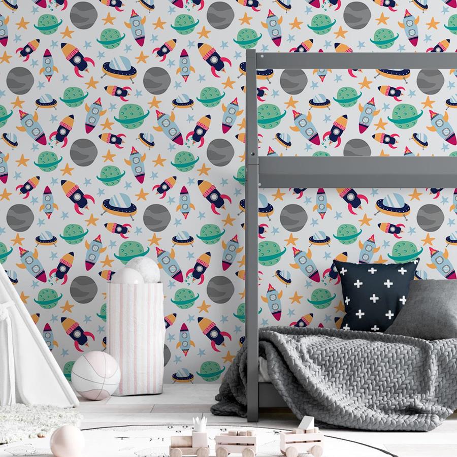 Colorful Rockets and Planets Peel & Stick Wallpaper N06212