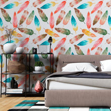Load image into Gallery viewer, Watercolor Colorfil Feathers Peel &amp; Stick Wallpaper N06213
