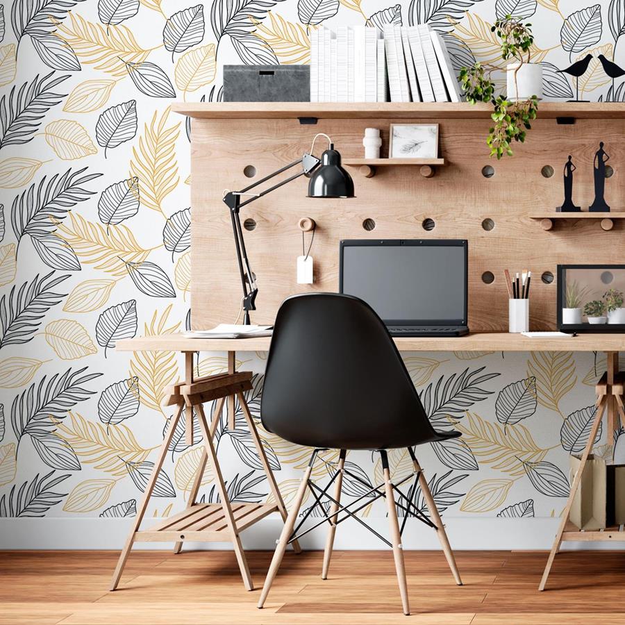 Leaves Lines Beige and Black Peel & Stick Wallpaper N06214