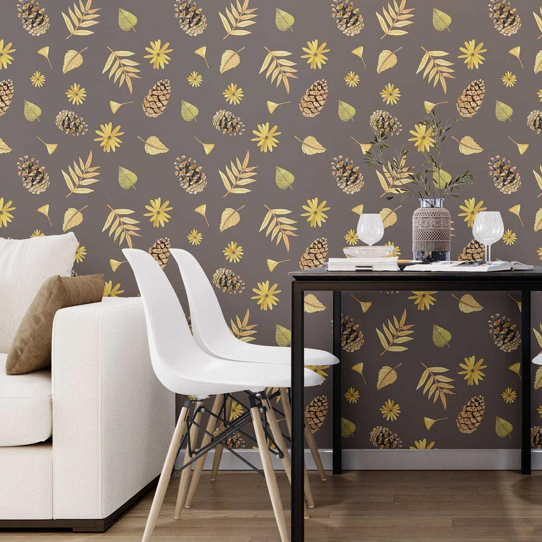 Autumn Pine Cones Flowers Brown Peel & Stick Wallpaper N07030