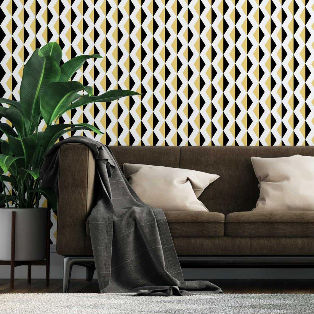 Chevron Ethnic Yellow and Black Peel & Stick Wallpaper N07055