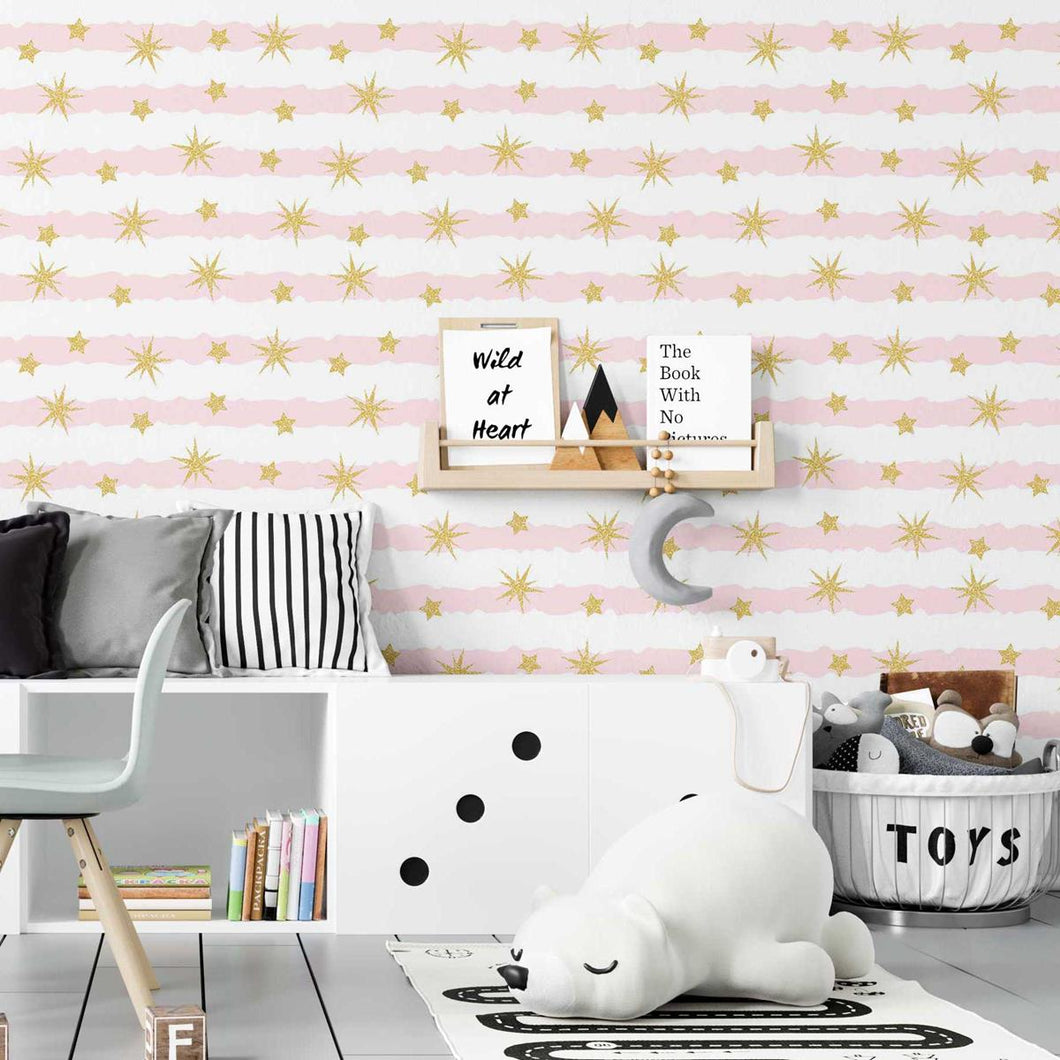 Abstract Stripes Pink and Stars Golden Glitter Peel & Stick Wallpaper N07085