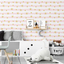 Load image into Gallery viewer, Abstract Stripes Pink and Stars Golden Glitter Peel &amp; Stick Wallpaper N07085

