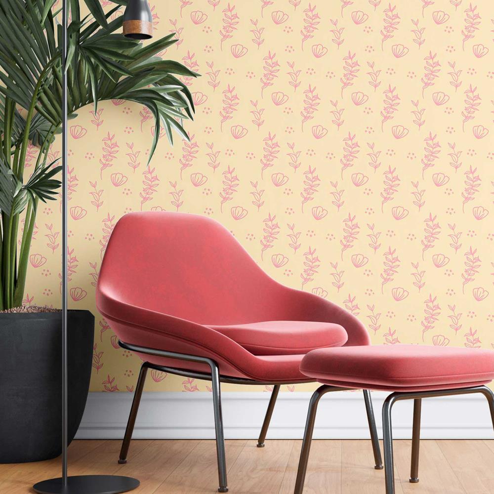 Floral Yellow and Pink Peel & Stick Wallpaper N08039