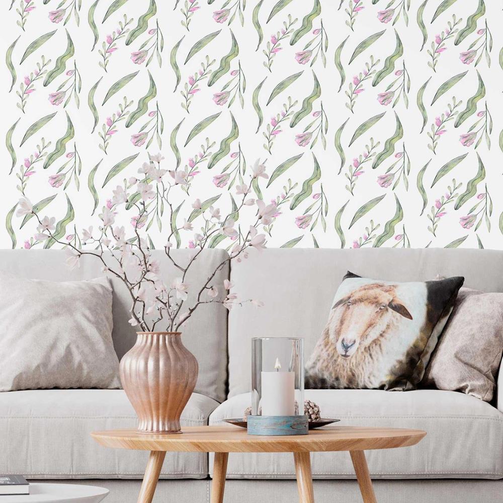 Leaves and Flowers Watercolor Peel & Stick Wallpaper N09048